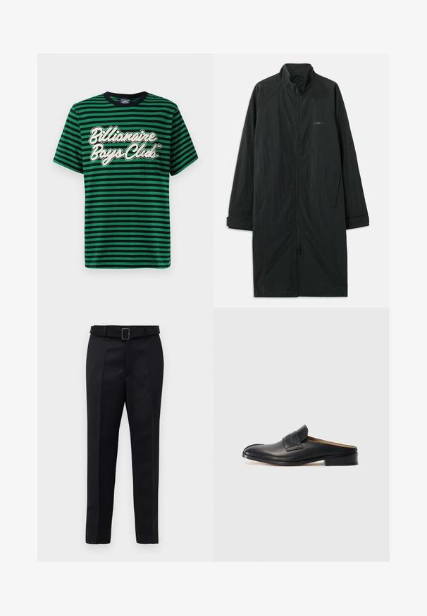 Juodas ilgas paltas su aukštu apykakle, pasižymintis visiškai užtraukiama užtrauktuku ir pagamintas iš lengvos, tekstūrinės medžiagos. Turi rankogalių juostas ir subtilų ženklinimą.; Žalias ir juodas dryžuotas marškinėliai, pagaminti iš medvilnės, su grafiniu "Billionaire Boys Club" logotipu baltos spalvos, apvalia iškirpte ir trumpomis rankovėmis.; Juodos pritaikytos kelnės turi lygią medžiagą, tiesų kirpimą ir diržą su stačiakampiu sagtimi. Išskirtiniai priekiniai raukšliai pagerina dizainą.; Juodos odinės slip-on tipo bateliai su apvaliu nosiu, žemu blokiniu kulnu ir priekiniais dirželiais. Lygus paviršius su subtiliu logotipo akcentu ant dirželio.
