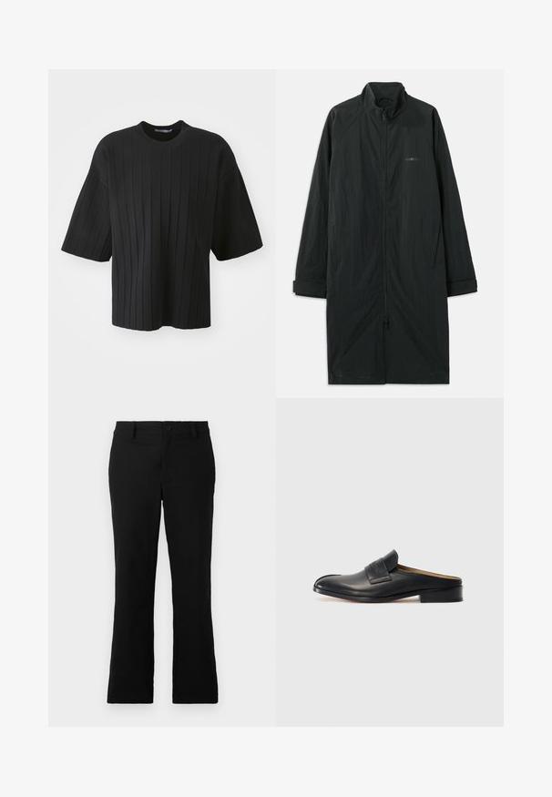 Schwarzer langer Mantel mit hohem Kragen, ausgestattet mit einem durchgehenden Reißverschluss und aus leichtem, strukturiertem Stoff gefertigt. Inklusive umgeschlagenen Ärmeln und dezentem Branding.; Schwarzes Kurzarmoberteil mit einer lockeren Passform, vertikaler Rippstruktur und Rundhalsausschnitt, gefertigt aus einem weichen, dehnbaren Stoff.; Schwarze, weit geschnittene Hosen aus einem Baumwollgemisch, mit einem Knopfverschluss, Gürtelschlaufen und einer glatten Textur ohne sichtbare Muster.; Schwarzer Leder-Schlüpfschuh mit runder Spitze, niedrigem Blockabsatz und einem vorderen Riemen. Glatte Textur mit dezentem Logo-Detail am Riemen.