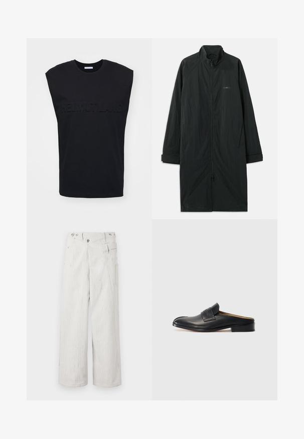 Sort lang frakke med høj krave, der har en fuld frontlynlås og er lavet af let, struktureret stof. Inkluderer ærmer med manchetter og subtil branding.; Helmut Lang EMBOSSED TANK ROUNDE - Top - black; Hvide brede bukser lavet af tekstureret stof med et slidtegnsmønster. Har dobbelt knaplukning og sidelommer.; Sort læder slip-on sko med rund tå, lav blokhæl og en frontrem. Glat overflade med subtil logo detalje på remmen.