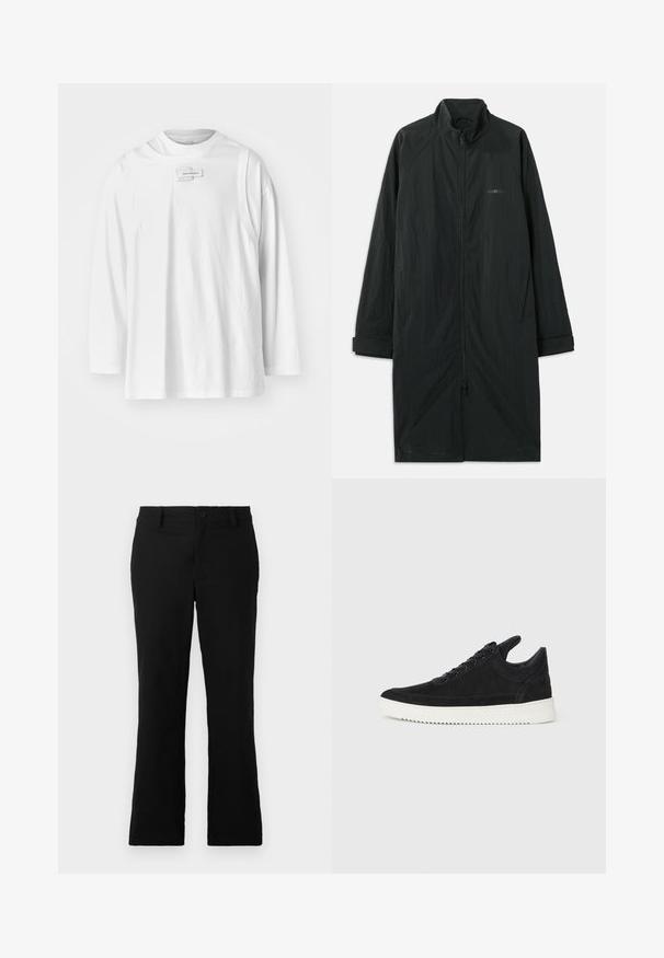 Black long coat with a high collar, featuring a full front zipper, and made of lightweight, textured fabric. Includes cuffed sleeves and subtle branding.; Feng Chen Wang DECONSTRUCTION UNISEX - Long sleeved top - white; Black flared trousers made of cotton blend fabric, featuring a button closure, belt loops, and a smooth texture with no visible patterns.; Black suede sneaker with a white rubber sole, featuring tonal stitching and lace-up design. Smooth texture with a modern, streamlined shape.