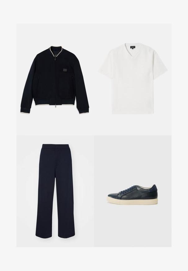 Jūrinis bombonešio švarkas, pagamintas iš minkštos vilnos su užtrauktuku. Turi kontrastingą smėlio spalvos apykaklę, šonines kišenes ir tekstūruotą logotipo užsegimą.; Baltas trumpomis rankovėmis V-švarkas, pagamintas iš tekstūruoto audinio su subtiliu raštu. Papuoštas mažomis logotipu ant krūtinės.; Juodos plačios kelnes su lygiu paviršiumi, turinčios plokščią juosmenį ir vieną priekinių kišenių. Nėra matomų raštų ar akcentų.; Tamsiai mėlynos odinės sportbačiai su kreminiu guminiu padu, turintys mėlynas raišteles ir lygų paviršių. Suapvalintas pirštas ir minimalistinis dizainas.