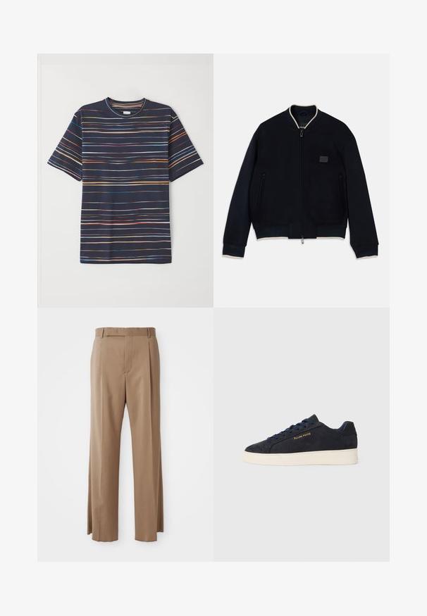 Granatowa kurtka bombowiec wykonana z miękkiego polaru, z zamkiem błyskawicznym. Posiada kontrastowy beżowy kołnierz, boczne kieszenie oraz teksturowaną naszywkę z logo.; Granatowy t-shirt z krótkim rękawem z poziomymi paskami w różnych kolorach, okrągły dekolt, miękka tkanina i luźny krój.; Jasnobrązowe spodnie w kant o prostych nogawkach, z pętelkami na pasek, szwem z przodu i ukrytym zapięciem, wyeksponowane na białym tle.; Granatowe zamszowe sneakersy niskie z białą podeszwą, granatowymi sznurówkami i logo "Filling Pieces" w złotym kolorze na boku.