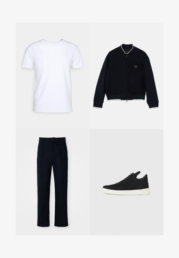 Tumesinine pommitaja jope pehmest fliisist, millel on tõmblukk. Omab kontrastset beeži krae, küljetaskuid ja tekstuuriga logo kleepsu.; Valge lühikeste varrukatega t-särk puuvillaste kangast, ümmarguse kaelusega. Lihtne disain, ilma mustrite ja detailideta. Sile tekstuur.; Tumed sinelased püksid puuvillast, sirge lõikega, eesnupu sulgemisega ning klassikalise vöökohaga, kus on vööaasad.; Must mustel kingad valge kummist tallaga, millel on toon-toonis õmblused ja paeltega disain. Sile tekstuur ja moodne, voolujooneline kuju.