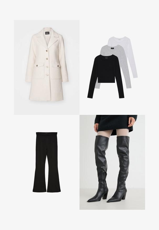 Valge villaseguste mantlitega mantel, millel on selgelt määratletud krae, kahekordne nööpide rida, kuldse nööbiga ja kaks esipoolset taskut. Pehme tekstuur ja keskmise pikkusega lõige.; Kolm pikkade varrukatega toppi, mis on üksteise peale asetatud: must, hall ja valge. Igal ühel on ümar kaelus ja lühike disain, valmistatud siledast, kergekaalulisest kangast.; Mustad mustad sääred, mis on valmistatud venivast kangast. Omab laia vööd ja siledat tekstuuri, sobituv siluett, mis laieneb allservas.; Mustad musta nahast üheksa põhja saapad, millel on terav nina ja massiivne konts. Küljel on nähtav tõmblukk.