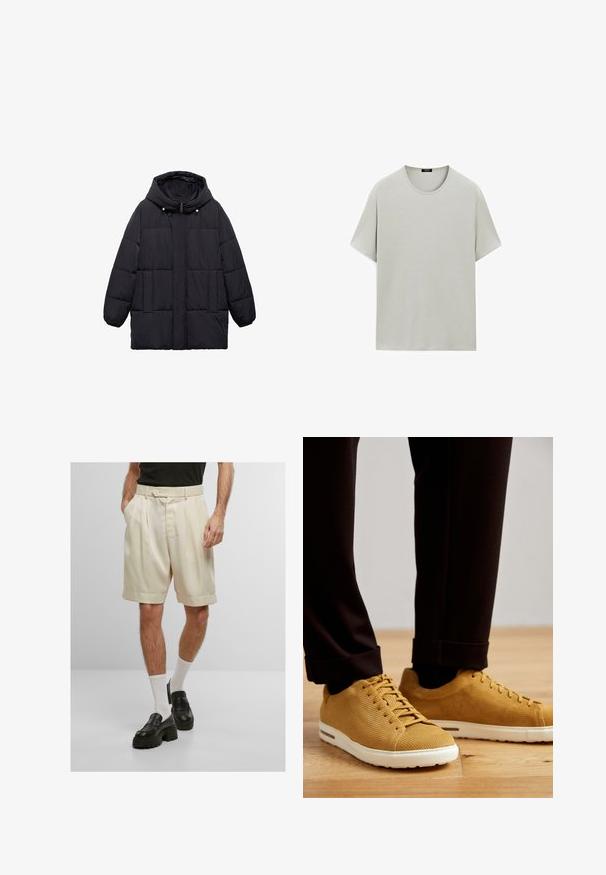 Pufferjakke i sort med hætte, med et quiltet design, frontal trykknaplukning og to sidelommer. Blødt, isoleret materiale.; Lysegrå kortærmet t-shirt lavet af blødt bomuld, med en klassisk rund halsudskæring og en afslappet pasform uden synlige sømme.; Cremefarvede plisserede shorts med sidelommer, knaplukning og foldede opsmæk, parret med sorte platform loafers og hvide sokker.; Gule ribbede sneakers med hvide såler, prydet med rund tå, snørebåndsdesign og struktureret overflade, båret med sorte opbrettede bukser på trægulv.