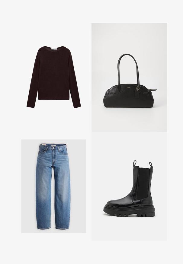 Bruine dubbelzijdige jas met een brede revers, twee voorkeurszakken en zwarte knoopaccenten. Gemaakt van een zachte, gestructureerde stof.; Donkerbruin lichtgewicht gebreid sweater, ronde halslijn, lange mouwen, ribgebreide zoom en manchetten, met een gladde textuur en een minimalistisch ontwerp.; Lichtblauwe rechte spijkerbroek van denim. Bevat een klassiek vijf-pocket ontwerp en subtiele vervaging langs de benen.; Zwarte enkellaarzen met een glanzende leren afwerking, elastische zijpanelen, inpulltabs en een dikke, gestructureerde rubberen zool. Chunky ontwerp, slanke silhouet.; Zwarte leren handtas met een ronde vorm, twee lange handvatten, gouden hardware en een klein label bevestigd. Ritsopening aan de bovenkant.