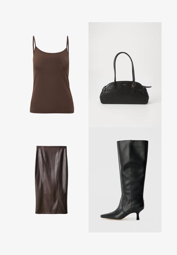 Brown double-breasted coat featuring a broad lapel, two front pockets, and black button accents. Made from a soft, textured material.; Brown, fitted camisole top made from smooth fabric, featuring thin straps and a rounded neckline, with a seamless hem for a clean finish.; Brown leather pencil skirt with a smooth texture, knee-length, featuring vertical seams for design. No additional hardware or accents.; Black leather knee-high boot with a pointed toe, sleek design, and a tapered 3-inch heel. Features a gold accent on the back.; Black leather handbag with a rounded shape, two long handles, gold hardware, and a small tag attached. Zippered top closure.