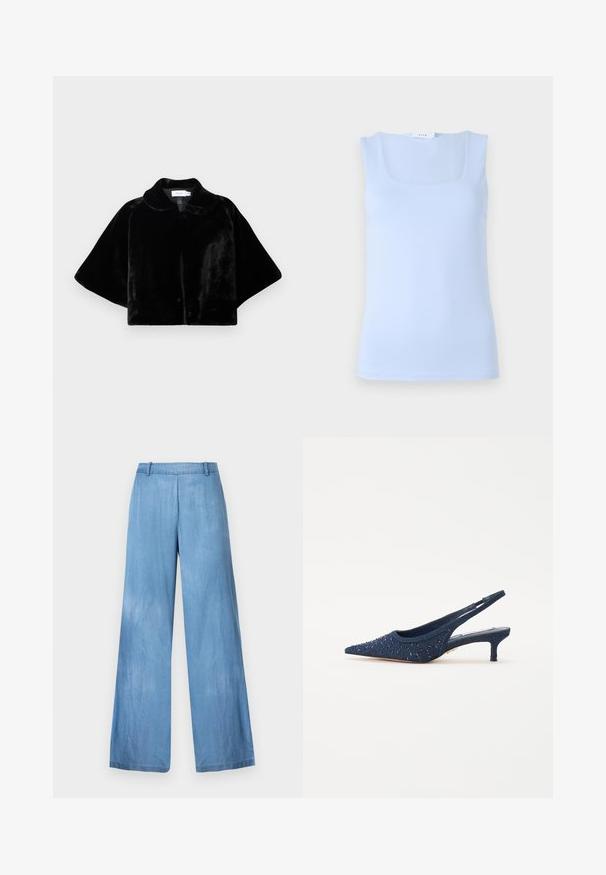 Μαύρη ψεύτικη γούνα κάπα με στρογγυλή κολάρο, μανίκια νυχτερίδα και μαλακή, λεία υφή. Χωρίς ορατές κλεισίματα ή σχέδια.; Ανοιχτού μπλε αμάνικο τοπ με τετράγωνη λαιμόκοψη, κατασκευασμένο από λείο ύφασμα, διαθέτει εφαρμοστή σχεδίαση και μινιμαλιστική σιλουέτα.; Απαλές μπλε τζιν παντελόνες τύπου wide-leg, φτιαγμένες από τζιν, με ψηλή μέση, ελαφριά φθορά και καθαρό τελείωμα χωρίς διακοσμητικά ή τσέπες.; Ναυτικό μπλε γόβες slingback με μυτερή μύτη, διακοσμημένες με μπλε χάντρες και καμβά από υφή; διαθέτουν χαμηλό, τετράγωνο τακούνι.