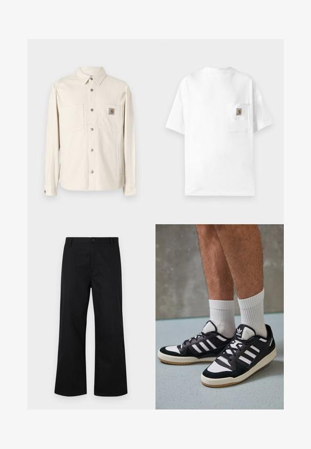 Jachetă din bumbac bej, cu mânecă lungă, cu deschidere pe butoane, două buzunare pe piept, accesorii din metal argintiu și etichetă cu logo Carhartt pe buzunarul din stânga.; Tricou alb din bumbac, cu guler rotund, mâneci scurte și un buzunar pe piept cu un patch logo. Design minimalist și textură fără cusături.; Pantaloni negri, cu croială largă, confecționați dintr-un material neted. Au un închidere cu buton în față și o talie standard. Design minimalist, fără modele vizibile.; Adidași negri și albi cu un superior din suede și piele, prevăzuți cu trei dungi albe, un vârf perforat și o talpă din cauciuc caramel.