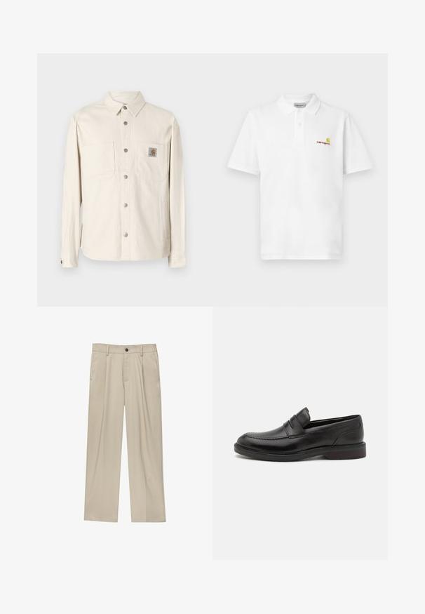 Beige, long-sleeve shirt jacket with a button-up front, two chest pockets, silver hardware, and a Carhartt logo tag on the left pocket.; White polo shirt made of cotton, featuring a three-button placket, short sleeves, and a Carhartt logo in yellow and red on the left chest.; Beige trousers with a straight cut, featuring a single black button, belt loops, and side pockets. Smooth fabric texture and minimal design.; Black leather loafers featuring a stitched toe detail, dual horizontal straps across the vamp, and a wooden heel. Smooth texture and rounded shape.