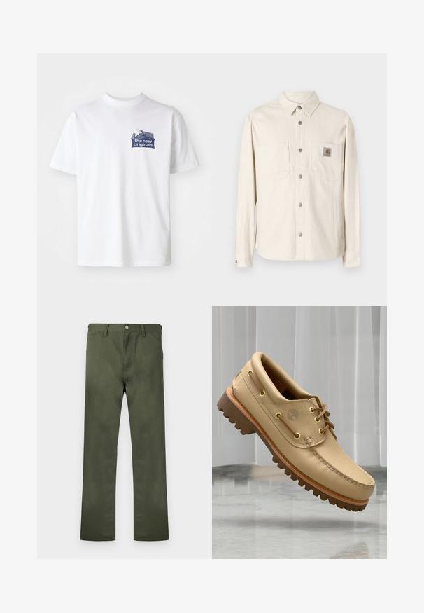 Gaiši brūns, garām piedurknēm krekls-jaka ar pogām priekšā, divām krūšu kabatām, sudraba detaļām un Carhartt logos uz kreisās kabatas.; Balta kokvilnas T-krekls ar tumši zilu grafiku kreisajā krūtī, kurā ir uzraksts "jaunās oriģinālies" un virs tā ir rakstaina dizaina elementi.; Oļīvzaļas bikses no izturīga auduma ar taisnu kāju griezumu, priekšējām kabatām un pogas aizdari. Gluda tekstūra.; Gai brūns ādas laivu kurpes ar biezām, rievotām zolitēm un auklu detaļām, kas peld virs marmora grīdas un baltiem vertikāliem aizkariem.