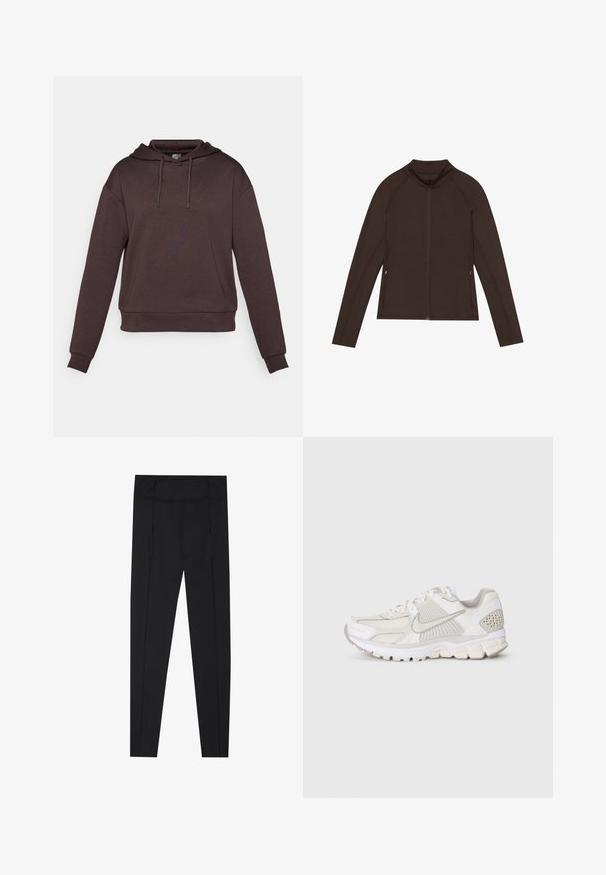 Even&Odd active ESSENTIAL FULL ZIP SPORTS JACKET WITH POCKETS - Jakna za treniranje - dark brown; Smeđa kapuljača s dugim rukavima, izrađena od mekanog materijala. Ima kapuljaču s vezicom i rebrasti rub na dnu i manšetama.; Crne tajice s glatkom teksturom, visokim strukom i detaljima šivanja duž strana. Uski kroj, prikladne za razne aktivnosti.; Bijela atletska cipela od mrežastih i sintetičkih materijala. Ima teksturirani dizajn, podstavljeni ovratnik i geometrijske akcentne detalje na peti.