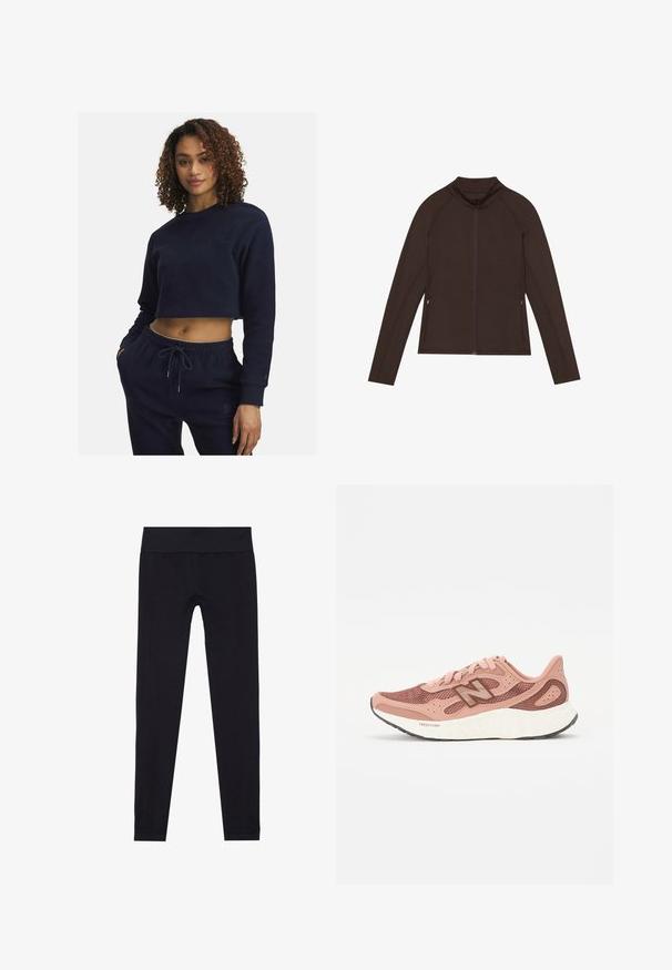 Even&Odd active FITTED TRAINING JACKET WITH FULL ZIP AND POCKETS
- Trainingsvest - dark brown; Marineblauwe cropped sweatshirt van zachte stof met lange mouwen, voorzien van een ronde halslijn en subtiele geborduurde details. Gecombineerd met bijpassende broek.; Zwarte leggings met een brede elastische tailleband, gemaakt van rekbare stof, met een gladde textuur en een aansluitend ontwerp. Geen patronen.; Roze hardloopschoen met een bovenkant van mesh, voorzien van een gestructureerd ontwerp en bruine accenten. Lichtgewicht zool met aanzienlijke demping.