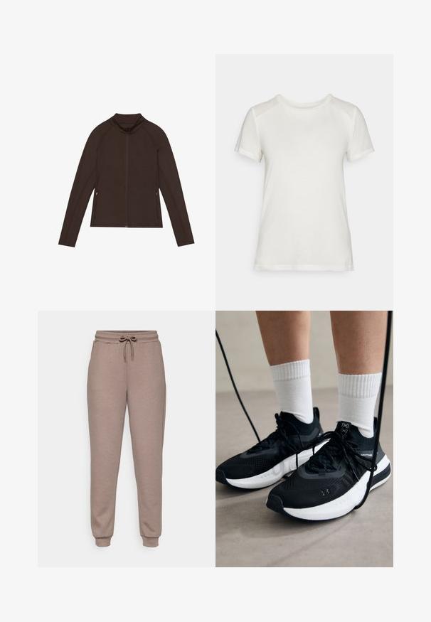 Even&Odd active Casaco de treino - dark brown; T-shirt branco de manga curta feito de um tecido suave, com um decote redondo e um corte descontraído, apresentando acabamentos nos ombros lisos e sem costura.; ONLY Play ONPLOUNGE LIFE REG NOOS - Calças de fato de treino - brown; Sapatilhas desportivas pretas com tecido texturizado, sola branca e atacadores pretos. Usadas com meias brancas caneladas, a pé sobre uma superfície clara.