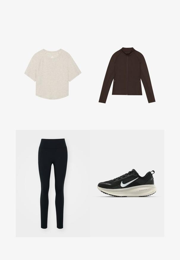 Even&Odd active Trainingsjacke - dark brown; Hellbeige kurzes T-Shirt aus weicher Baumwolle mit rundem Ausschnitt, kurzen Raglanärmeln und einem kleinen Logo auf der Brust.; Schwarze Leggings aus dehnbarem Material mit hohem Bund. Glatte Textur, taillierte Passform und keine sichtbaren Verzierungen oder Muster.; Schwarzer Nike-Laufschuh mit atmungsaktivem Mesh-Obermaterial, weißem Swoosh-Logo, strukturierten Details und einer cremefarbenen ZoomX-Zwischensohle.