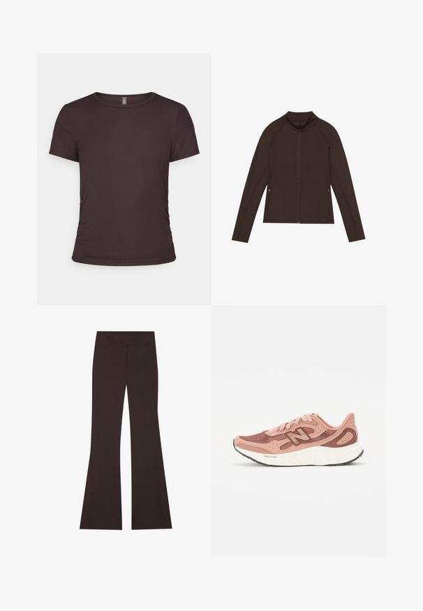 Even&Odd active ESSENTIAL FULL ZIP SPORTS JACKET WITH POCKETS - Giacca sportiva - dark brown; T-shirt marrone a maniche corte realizzato in tessuto a coste, con scollatura rotonda e design aderente, caratterizzato da delicati dettagli di arricciatura laterali.; Pantaloni marroni a zampa d'elefante con vita alta, realizzati in materiale elasticizzato. Presentano fessure laterali all'orlo e cuciture piatte.; Scarpa da corsa rosa con tomaia in rete, che presenta un design testurizzato e dettagli marroni. Suola leggera con un'ammortizzazione significativa.
