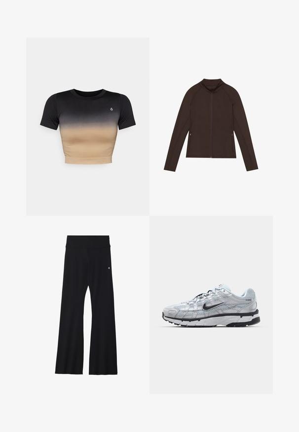 Even&Odd active Training jacket - dark brown; Short-sleeve crop top with a gradient from black to beige. Smooth texture, round neckline, and a subtle logo on the chest.; Black flared yoga pants in stretchy fabric, featuring a wide waistband and a small logo near the hip. Smooth texture, no patterns.; Nike P-6000 sneakers with a light grey mesh upper, black accents, and a durable black rubber sole. Features intricate design and lacing system.