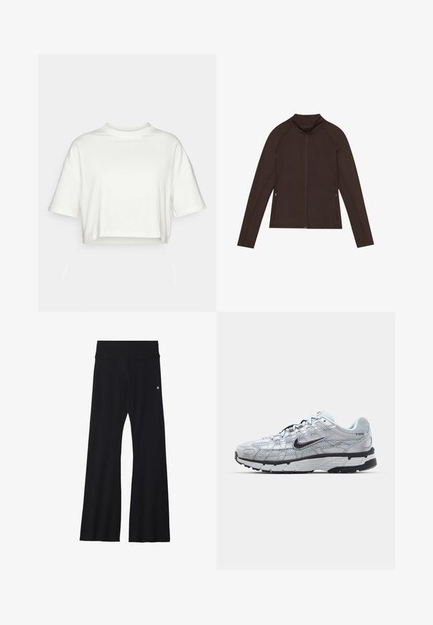 Even&Odd active Trainingsvest - dark brown; Korte, cropped t-shirt met korte mouwen van stevig wit katoen. Heeft een ronde halslijn en een losse pasvorm met een opgerolde zoom. Zachte textuur, zonder patronen.; Zwarte wijde broek gemaakt van rekbare stof, met een brede tailleband en een klein logo op de heup. Gladde textuur en een broek van volledige lengte.; Nike P-6000 sneakers met een lichtgrijze mesh bovenkant, zwarte accenten en een duurzame zwarte rubberen zool. Kenmerkt zich door een ingewikkeld ontwerp en vetersysteem.