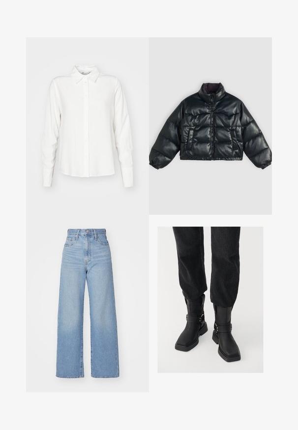 Black cropped puffer jacket with a shiny finish, high collar, zip closure, and two side pockets; features elastic cuffs and a padded design.; White, long-sleeve button-up shirt with a collar, made from smooth fabric; features a straight cut and subtle texture.; Levi's® HIGH WAISTED STRAIGHT - Straight leg jeans - smile for real; Black leather ankle boots with a square toe, featuring a wide strap and metal buckle detail. The boots have a chunky sole and smooth texture.