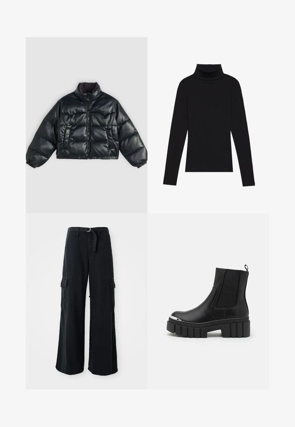 Black cropped puffer jacket with a shiny finish, high collar, zip closure, and two side pockets; features elastic cuffs and a padded design.; Black turtleneck long-sleeve top, made of ribbed fabric, features a fitted design with a high neckline and no patterns or accents.; Black wide-leg cargo pants made of cotton with a tie belt, featuring two side pockets and a smooth fabric texture.; Black ankle boots made of smooth leather with elastic panels, a thick platform sole, and a metallic toe cap.