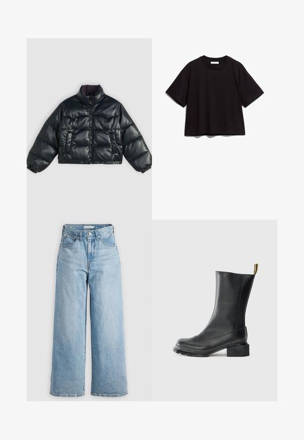 Crna skraćena puf jakna s sjajnom završnom obradom, visoki ovratnik, zatvaranje na zatvarač i dva bočna džepa; ima elastične manžete i podstavljeni dizajn.; Crna pamučna kratka majica s okruglim izrezom i kratkim rukavima. Ima opuštenu kroj i jednostavan, neukrašen dizajn.; Svijetloplave široke traperice s visokim strukom, izrađene od traper tkanine. Imaju klasičan dizajn s pet džepova i metalne detalje.; Crna kožna gležnjača s blok petom, glatke teksture, zaobljenim vrhom i oznakom na peti u žutoj boji.