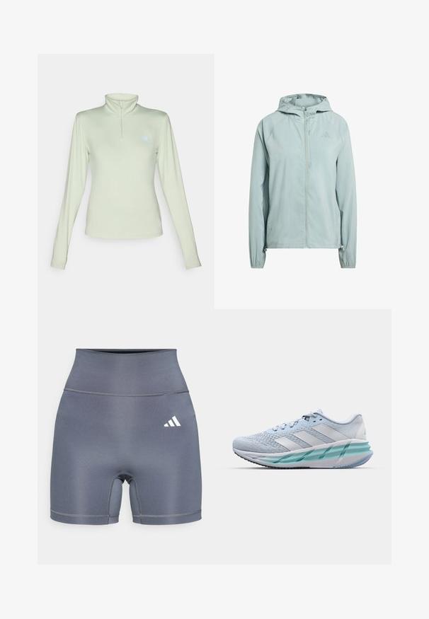 Light blue hooded jacket with a front zipper, raglan sleeves, and elastic cuffs. Features a small logo on the upper right side.; New Balance SPORT ESSENTIALS SPACE DYE QUARTER ZIP - Long sleeved top - garter snake; Gray athletic shorts with a high waistband, made of smooth fabric. Features double stitching and a white Adidas logo on the left side.; Light blue athletic shoes with a textured knit upper, white accents, and a transparent green midsole. Rounded toe and padded collar.