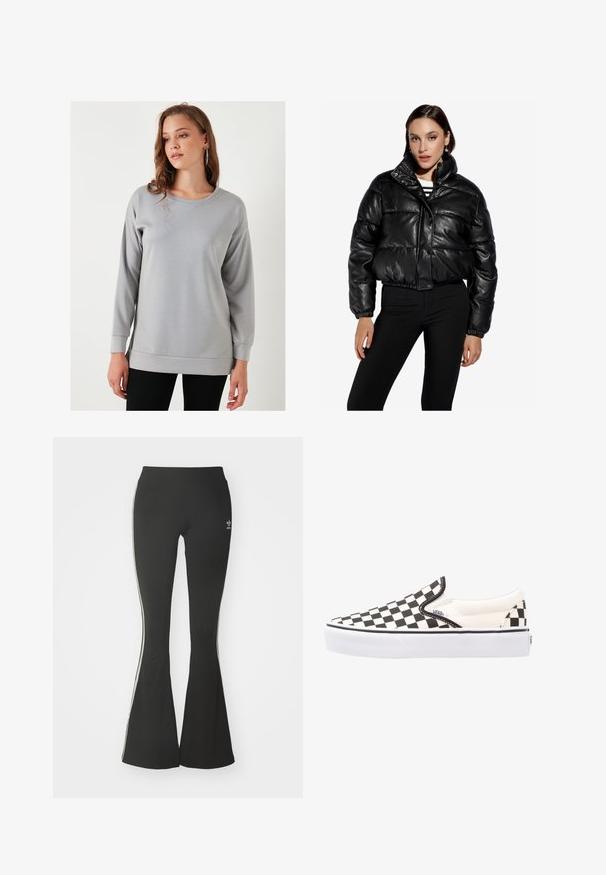 Zwarte leren cropped pufferjack met een hoge kraag, drukknoopsluiting, elastische taille en gequilt textuur. Gecombineerd met zwarte broeken.; Grijze sweatshirt met lange mouwen, ronde hals, een relaxed fit en ribgebreide manchetten, gemaakt van zachte, gladde stof.; Zwarte flared leggings van rekbare stof, voorzien van een hoge tailleband en witte zijstrepen. Inclusief klein logo op de taille.; Zwart-wit geblokte slip-on Vans schoenen met een canvas bovenwerk, rubberen buitenzool en gewatteerde kraag. Vlakke, ronde neus met witte zoolaccenten.