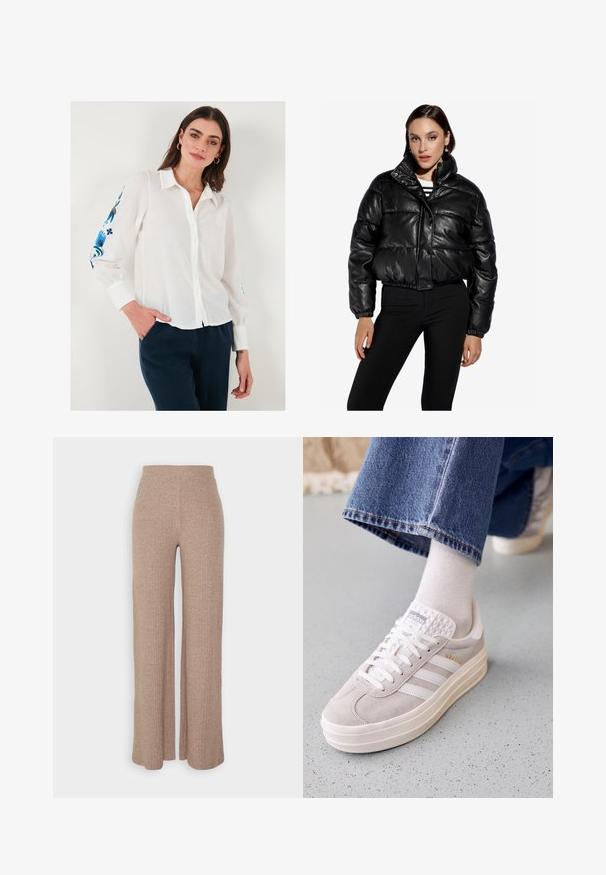 Schwarze, cropped Pufferjacke aus Leder mit hohem Kragen, Druckknopfverschluss, elastischem Bund und gestepptem Muster. Kombiniert mit schwarzen Hosen.; Weißes Leinenhemd mit Knopfleiste und Kragen, das mit blauer floraler Stickerei an den Ärmeln versehen ist, kombiniert mit dunkelblauen Hosen.; Beige, gerippte, weit geschnittene Hose mit hohem Bund und weicher Textur, die eine lockere Passform und keine sichtbaren Verschlüsse hat.; Weiße und hellgraue Adidas Gazelle Sneakers mit einem Obermaterial aus Wildleder, strukturiertem Zungenbereich, drei weißen Streifen und einer dicken, weißen Gummisohle.