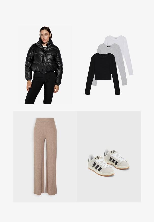 Czarna skórzana kurtka puchowa z krótkim krojem, wysokim kołnierzem, zapięciem na napy, elastycznym pasem i pikowanym wzorem. W połączeniu z czarnymi spodniami.; Trzy bluzki z długim rękawem ułożone jedna na drugiej: czarna, szara i biała. Każda z okrągłym dekoltem i skróconym fasonem, wykonana z gładkiego, lekkiego materiału.; Beżowe szerokie spodnie z prążkowanej tkaniny z wysokim stanem i miękką teksturą, charakteryzujące się luźnym krojem i brakiem widocznych zapięć.; Szare zamszowe trampki z białymi sznurówkami, czarnymi paskami i białą gumową podeszwą. Posiadają okrągłe logo na języku oraz gumową podeszwę.
