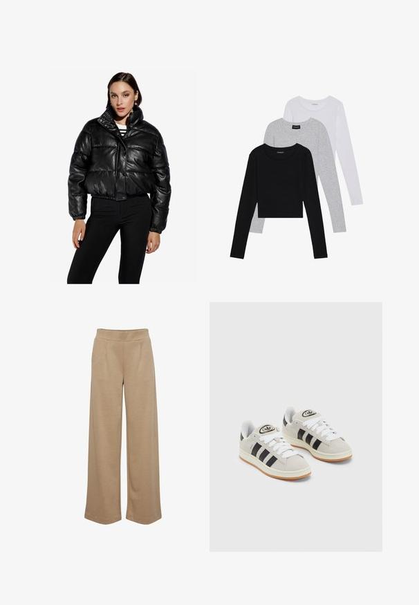 Black leather cropped puffer jacket with a high collar, snap button closure, elastic waist, and quilted texture. Paired with black pants.; Three long-sleeve tops stacked: black, grey, and white. Each has a round neckline and a cropped design with smooth, lightweight fabric.; Beige wide-leg pants made of soft fabric, featuring two front pleats, an elastic waist, and a smooth texture.; Gray suede sneakers with white laces, black stripes, and a white rubber sole. Features a circular logo on the tongue and a gum sole.