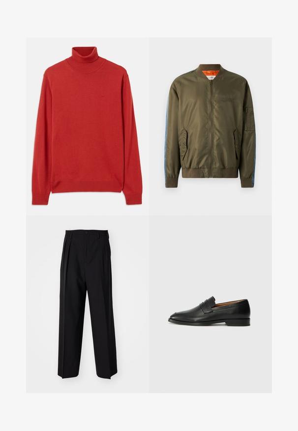 Olíva zöld bomber dzseki, elől zippel, bordás mandzsettákkal, oldalsó zsebekkel és kék farmer részletekkel a ujjakon; narancssárga bélés és hímzett mintázat.; Piros kötött garbó pulóver hosszú ujjakkal, bordás gallérral és mandzsettával. Diszkrét logó található a mellrészen. Sima textúra.; Fekete, pliszírozott nadrág, egyenes, széles lábakkal. Sima anyagból készült, gombos záródással és övhurkokkal rendelkezik.; Fekete bőr mokaszin, kerek orral, diszkrét varrásokkal és alacsony sarokkal, sima felülettel és minimalista dizájnnal.
