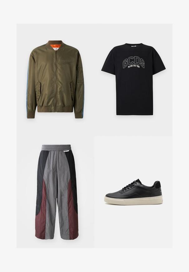 Olivově zelená bomber bunda se zipem vpředu, žebrovanými manžetami, bočními kapsami a denimovými akcenty na rukávech; oranžová podšívka a vyšívané detaily.; Černé bavlněné tričko s krátkým rukávem. Obsahuje bílé logo GCDS a text "MILANO ITALY 1988" v oblouku. Standardní střih a kulatý výstřih.; Kalhoty s širokým střihem vyrobené z lehkého materiálu, s barevným blokovým designem v černé, šedé a burgundské barvě a s elastickým pasem.; Černé kožené tenisky s nízkým profilem, které mají krémovou gumovou podešev, kulatou špičku a šněrovací design, doplněné černým semišovým podpatkem.