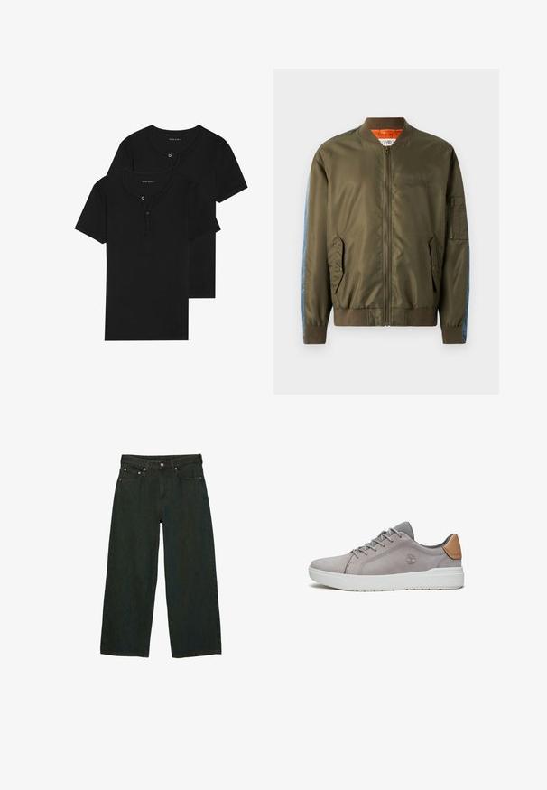 Oliivinvihreä pommitakki, jossa on vetoketju edessä, ribbikujat, sivutaskut ja siniset farkkakorostukset hihoissa; oranssi vuori ja brodeerattu yksityiskohta.; Musta puuvillapaita, lyhyet hihat, pyöreä kaula-aukko nappilistan kanssa, jossa on sileä pinta ja yksinkertainen muotoilu. Kaksi pakkausta.; Tummanvihreät leveälahkeiset farkut, valmistettu denimistä; sisältää etu-napivaatteen ja vetoketjun, viisi taskua sekä hienovaraisia tekstuurivaihteluita.; Harmaa mokkasneaker, jossa on verkko-yksityiskohtia, valkoinen kumipohja ja ruskea nahkaosuus kantapäällä. Varustettu nauhoitussuunnittelulla ja kohokuvioidulla logotiedolla.