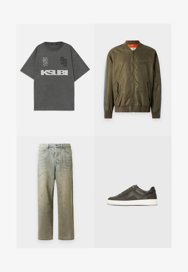 Olīvu zaļš bumbers ar rāvējslēdzēju priekšā, ribotām piedurknēm, sānu kabatām un zilām džinsa detaļām uz piedurknēm; oranžs oderējums un izšūta detaļa.; Pelēka, pārāk liela T-kreklā ar apaļu kakla izgriezumu. Iekļauj baltu "KSUBI" tekstu, numuru "99" un grafisku dizainu. Izgatavots no mīkstas auduma.; Izsistās džinsās gaisā zaļā krāsā, ar taisnu kāju, piecu kabatu dizainu un nevienmērīgu izbalēšanu, kā arī krāsas šļakatas.; Tumši pelēki ādas sporta apavi ar gludu tekstūru, balta gumijas zole, plakani šņores un diskreta logo uz papēža. Zema dizaina.