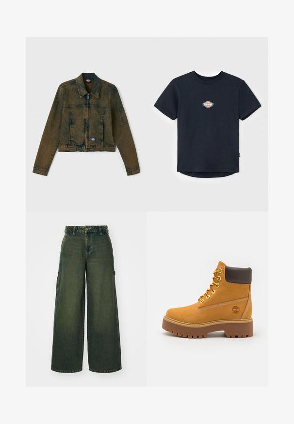 Farkkutakki haalistuneessa oliivinvihreässä värissä, jossa on vetoketjusulku, klassinen kaulus ja kaksi rintataskua, joiden vasemmalla puolella on logopatch.; Mustan puuvillan t-paita lyhyillä hihoilla, pyöreä kaula-aukko ja pieni monivärinen logo rinnassa. Suora helma, joka on hieman pidempi takaa.; Farkkukangas vankka leveälahkeinen cargo-housu tummanvihreänä. Ominaisuuksiin kuuluvat näkyvät ompeleet, nappikiinnitys ja sivutaskut. Silkyinen pinta, jossa on hieman haalistuneita alueita.; Tan waterproof ankle boot with a sturdy rubber sole, round toe, brown leather collar, yellow laces, and a logo on the side.