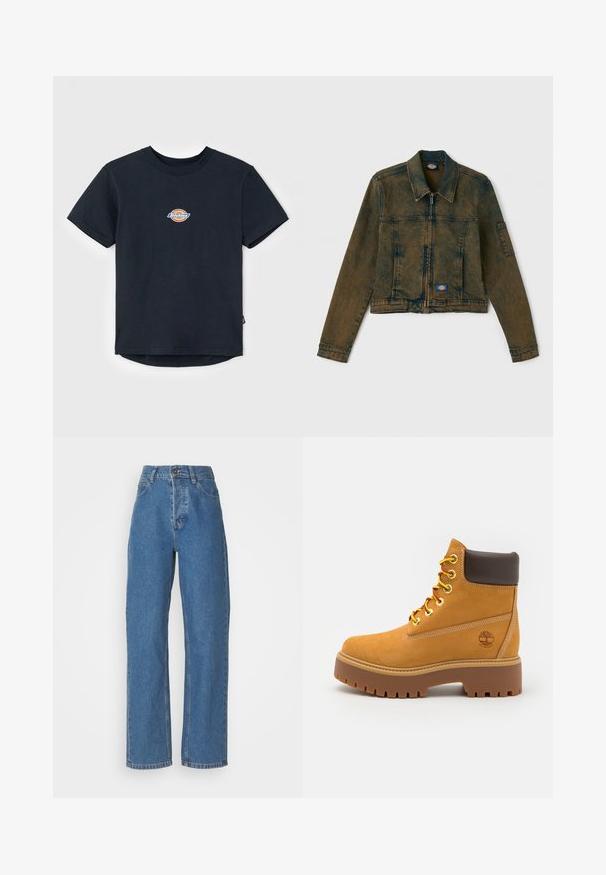 Farkkutakki haalistuneessa oliivinvihreässä värissä, jossa on vetoketjusulku, klassinen kaulus ja kaksi rintataskua, joiden vasemmalla puolella on logopatch.; Mustan puuvillan t-paita lyhyillä hihoilla, pyöreä kaula-aukko ja pieni monivärinen logo rinnassa. Suora helma, joka on hieman pidempi takaa.; Korkea vyötärö, suora lahje siniset farkut, joissa on haalistunut viimeistely. Ominaisuuksiin kuuluvat viisi taskua, nappikiinnitys ja hienovaraiset tikkaus yksityiskohdat.; Tan waterproof ankle boot with a sturdy rubber sole, round toe, brown leather collar, yellow laces, and a logo on the side.