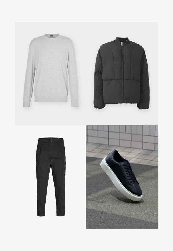 Schwarze gepolsterte Jacke mit hohem Kragen, Frontreißverschluss und zwei großen Seitentaschen. Sie zeichnet sich durch einen glatten, leichten Stoff und ein gestepptes Design aus.; GAP CASHSOFT CREW - Strickpullover - mottled grey; Schwarze Cargo-Hose aus robustem Material, mit mehreren Taschen, einem Knopfverschluss und einem Slim-Fit-Design mit schmal zulaufenden Beinen.; Schwarze Leder-Sneaker mit runder Zehenpartie und weißer Gummisohle. Verfügt über flache Schnürsenkel und minimale Nähte im Obermaterial. Strukturiertes Sohlenprofil für besseren Halt.