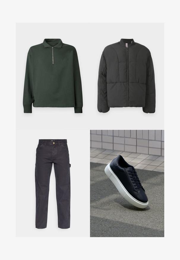 Giacca nera imbottita con colletto alto, zip frontale e due ampie tasche laterali. Presenta un tessuto liscio e leggero e un design trapuntato.; Maglione verde scuro con colletto alto e mezza zip. Realizzato in tessuto morbido, presenta maniche lunghe e una vestibilità rilassata.; Pantaloni cargo grigio scuro realizzati in tessuto resistente, con un taglio dritto, cinque tasche e chiusura a bottoni in vita.; Sneaker in pelle nera con punta arrotondata e suola in gomma bianca. Presenta lacci piatti e cuciture minime sulla parte superiore. Suola testurizzata per una migliore aderenza.