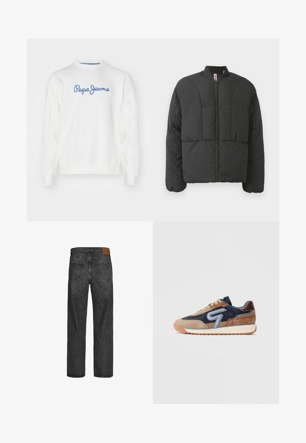 Giacca nera imbottita con colletto alto, zip frontale e due ampie tasche laterali. Presenta un tessuto liscio e leggero e un design trapuntato.; Felpa bianca in cotone, con logo "Pepe Jeans" ricamato in blu, scollo rotondo e maniche lunghe con polsini a costine.; Jeans in denim nero con un design a gamba dritta, stile a cinque tasche e una toppa in pelle marrone in vita. Tessuto testurizzato con dettagli di cucitura.; Le sneakers sono caratterizzate da una combinazione di suede marrone e tessuto blu navy con dettagli azzurri. Design con lacci, suola in gomma e punta arrotondata.