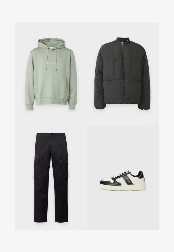 Giacca nera imbottita con colletto alto, zip frontale e due ampie tasche laterali. Presenta un tessuto liscio e leggero e un design trapuntato.; Felpa verde chiaro con tasca frontale, cappuccio regolabile con cordino e logo bianco "JACK & JONES" sul petto. Tessuto morbido.; Pantaloni cargo neri con multiple tasche, tasca con zip sulla coscia, vestibilità dritta e in resistente cotone con un leggero lucido.; Sneakers in pelle con una combinazione di colori nero e crema, dotati di dettagli perforati, collare imbottito e suola testurizzata.