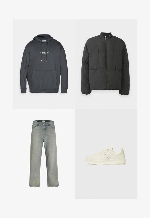 Casaco acolchoado preto com gola alta, fecho na frente e dois grandes bolsos laterais. Apresenta um tecido suave e leve, com design acolchoado.; Hoodie cinza escuro feito de tecido suave. Apresenta um capuz com cordão, um bolso canguru na frente e um logótipo em texto branco no peito.; Jeans soltos de cor cinza claro feitos de denim. Apresentam um design clássico de cinco bolsos, passadores para cinto e uma silhueta de perna reta.; Sapatilha de cor creme com detalhes perfurados, atacadores e logotipo na lateral, apresentada contra um fundo branco liso.