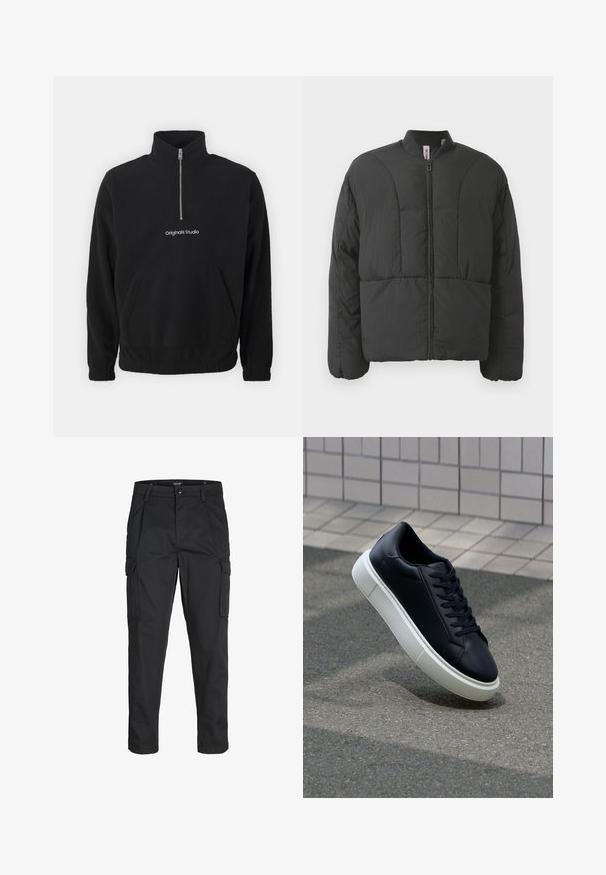Giacca nera imbottita con colletto alto, zip frontale e due ampie tasche laterali. Presenta un tessuto liscio e leggero e un design trapuntato.; Pullover di pile nero con colletto alto e zip frontale a metà. Presenta una tasca anteriore a marsupio e il logo ricamato "Originals Studio".; Pantaloni cargo neri realizzati in un tessuto resistente, dotati di molteplici tasche, chiusura con bottone e un design aderente con gambe affusolate.; Sneaker in pelle nera con punta arrotondata e suola in gomma bianca. Presenta lacci piatti e cuciture minime sulla parte superiore. Suola testurizzata per una migliore aderenza.