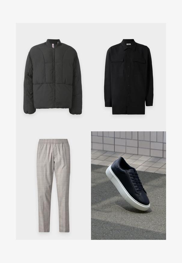 Čierna vypchávkovaná bunda s vysokým golierom, predným zipsom a dvoma veľkými bočnými vreckami. Vyznačuje sa hladkým, ľahkým materiálom a prešívaným dizajnom.; Čierna košeľa na gombíky vyrobená z hladkej tkaniny, so klasickým golierom, dvoma prednými vreckami a dlhými rukávmi s gombíkovými manžetami.; Jack & Jones PREMIUM STKANE EDWIN - Nohavice - otter; Čierne kožené tenisky s okrúhlou špičkou a bielou gumovou podrážkou. Majú ploché šnúrky a minimálne šitie na vrchu. Textúrovaná podrážka pre lepšiu priľnavosť.