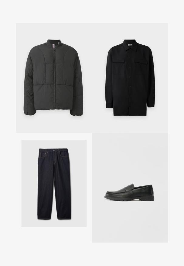 Veste matelassée noire avec un col haut, fermeture éclair frontale et deux grandes poches latérales. Elle présente un tissu lisse et léger avec un design matelassé.; Chemise noire à manches longues en tissu lisse, dotée d'un col classique, de deux poches devant et de poignets à boutons.; Jeans en denim noir avec une coupe droite, dotés d'une fermeture à bouton et à zip, de deux poches avant et de coutures orange contrastantes.; Mocassins en cuir noir avec une finition lisse, tige de style moccasin, détails cousus et semelle en caoutchouc. Design classique avec un talon bas.