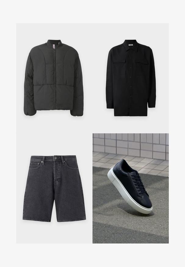 Juodas paminkštintas švarkas su aukštu apykakle, priekiniais užtrauktukais ir dviem didelėmis šoninėmis kišenėmis. Pasižymi lygiu, lengvu audiniu ir siuvinėjimu.; Juodas marškinis su mygtukais, pagamintas iš lygaus audinio, turi klasikinius apykaklės, du priekiniai kišeniai ir ilgus rankovės su mygtukais.; Tamsiai pilki džinsiniai šortai su tiesiu kirpimu. Savybės: dvi priekinės kišenės, viena užpakalinė kišenė ir metalinis sagos užsegimas.; Juodas odinis sportbačius su apvaliu pirštu ir baltu gumuotu padu. Turi plokščias raišteles ir minimalų siuvimą viršuje. Padangos tekstūra užtikrina sukibimą.