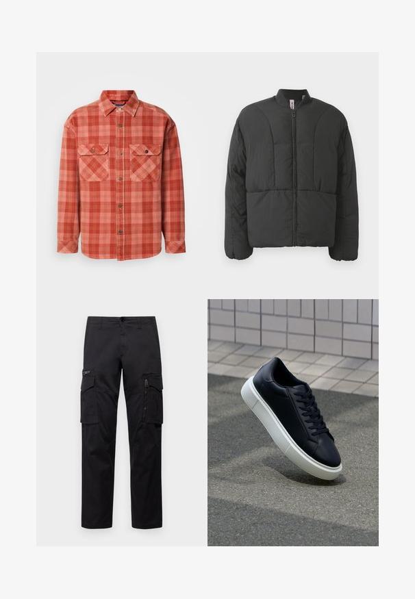 Černá zhuštěná bunda s vysokým límcem, předním zipem a dvěma velkými bočními kapsami. Vyznačuje se hladkým, lehkým materiálem a prošívaným designem.; Červená a růžová kockovaná flanelová košile s dlouhými rukávy, zapínacím límcem, dvěma náprsními kapsami a kontrastními detaily knoflíků.; Černé cargo kalhoty s několika kapsami, zipovou kapsou na stehnu, přímým střihem a pevnou bavlněnou tkaninou s lehkým leskem.; Černé kožené tenisky s kulatou špičkou a bílou gumovou podrážkou. mají ploché tkaničky a minimální šití na svršku. Texturovaná podrážka pro lepší přilnavost.