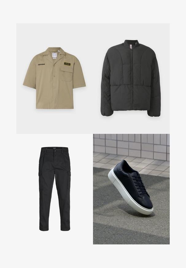 Zwarte gewatteerde jas met een hoge kraag, een voorrits en twee grote zijzakken. Voorzien van een gladde, lichte stof en een doorgestikt ontwerp.; Kaki kortemouwen shirt van katoen met een knoopsluiting aan de voorkant, voorzien van een borstzak, geborduurde tekst en een patch met logo's.; Zwarte cargobroek van stevig stof, met meerdere zakken, een knoopsluiting en een slim fit ontwerp met taps toelopende benen.; Zwarte leren sneaker met een ronde neus en een witte rubberen zool. Voorzien van platte veters en minimale stiksels op het bovenwerk. Textuurrijke zool voor grip.