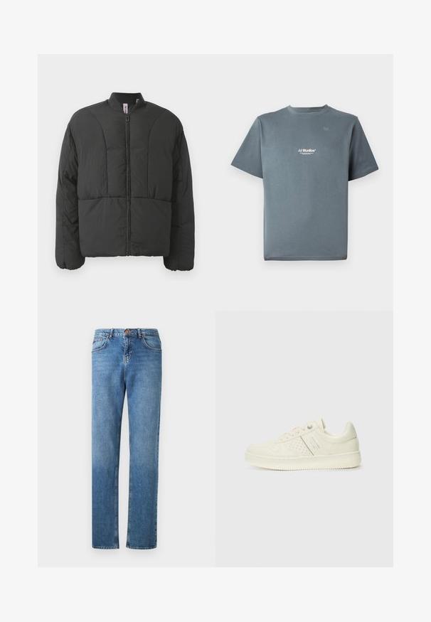 Μαύρο επενδυμένο μπουφάν με ψηλό γιακά, μπροστινό φερμουάρ και δύο μεγάλες πλαϊνές τσέπες. Διαθέτει απαλό, ελαφρύ ύφασμα και ραφή καπιτονέ.; Γκρι βαμβακερή μπλούζα με κοντό μανίκι και στρογγυλή λαιμόκοψη, με μικρό λευκό λογότυπο "JJ Studios" στο στήθος. Λείο υλικό και άνετη εφαρμογή.; Ανοιχτό μπλε τζιν παντελόνι με ίσια γραμμή, που διαθέτει πέντε τσέπες, ζώνες και διπλή ραφή κατά μήκος των ραφών.; Αθλητικό παπούτσι σε κρέμα χρώμα με διάτρητη λεπτομέρεια, κορδόνια και λογότυπο στο πλάι, τοποθετημένο σε λευκό φόντο.