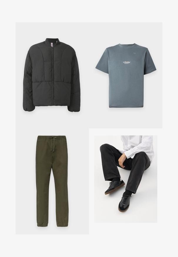 Svart polstret jakke med høy krage, frontglidelås og to store sidelommer. Har et glat, lett stoff og quiltet design.; Grå bomull T-skjorte med rund hals, korte ermer, og en liten hvit "JJ Studios" logo på brystet. Glatt tekstur og avslappet passform.; Olivengrønne bukser i bomullsblanding med elastisk linning, snor i livet og smalnende ben med elastiske mansjetter. Glatt tekstur, uten mønstre.; Svarte joggesko med en glatt og teksturert overflate, med gummisåle og mørke snører. Kombinert med svarte jeans og en hvit stripet skjorte.