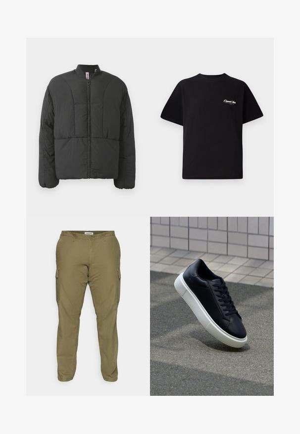 Črna podložena jakna z visokim ovratnikom, sprednjim zadrgo in dvema velikima stranskima žepoma. Ima gladko, lahko tkanino in prešito zasnovo.; Črna bombažna majica s krožno ovratnikom, kratkimi rokavi in majhnim belim logotipom na levem prsnem delu. Preprost dizajn, klasičen kroj.; Olive zelene cargo hlače iz mešanice bombaža, z bočnimi žepi, pasom in ravnim krojem. Gladka tekstura.; Črne usnjene superge z zaobljenim prstom in belim gumijastim podplat. Imajo ravne vezalke in minimalno šivanje na zgornjem delu. Teksturirani podplat za oprijem.